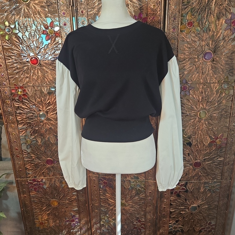 NWT Truth By Republic Balloon Sleeve Knit Sweater Black White Size Small Womens